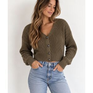 Moon & Madison Olive Green Chunky Knit Cropped Cardigan Women’s Size L